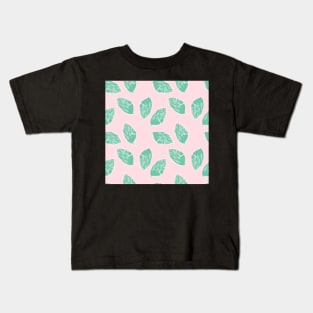 Pale Pink background and Green Leaves Pattern Kids T-Shirt